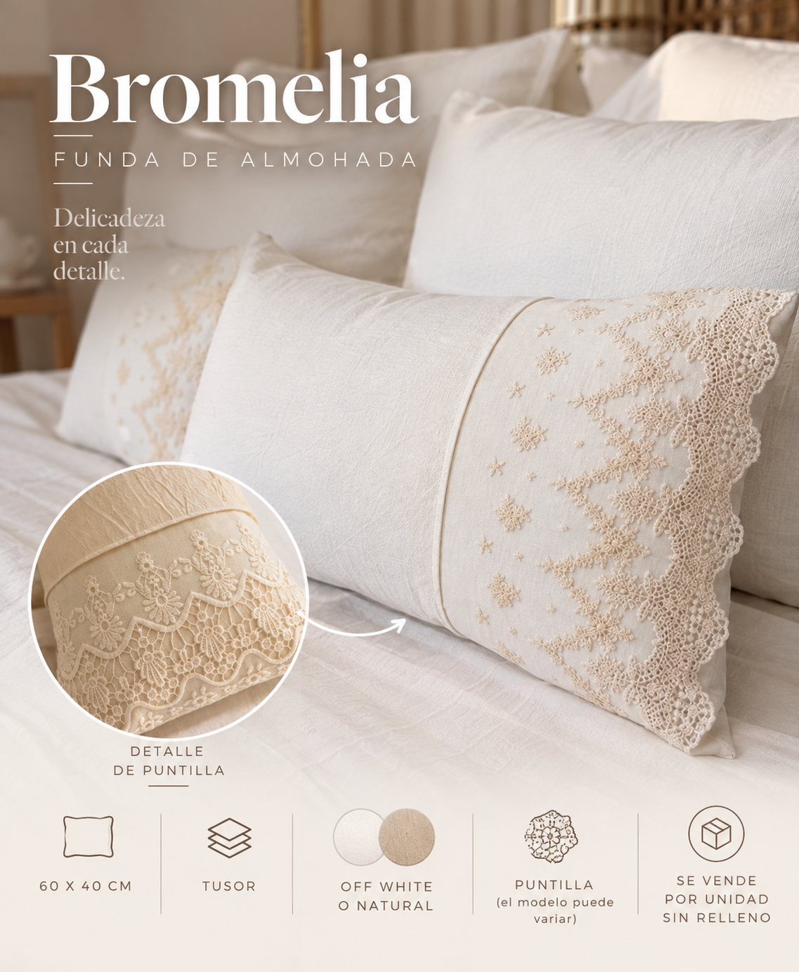 Funda Bromelia de tusor con puntilla - disponible en off white y natural